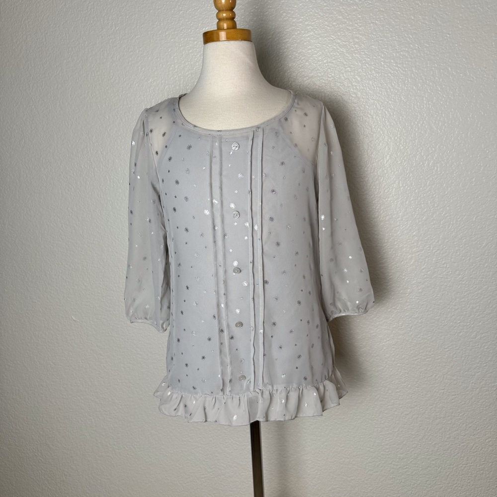 GIRLS Sz 14/16 (XL) Silver/Gray blouse w/ tank undershirt ruffled hem.